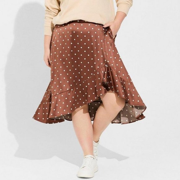 NEW Torrid Midi Stretch Satin Hi-Low Ruffle Skirt Brown White Polka Dot Size 2X - Picture 1 of 13